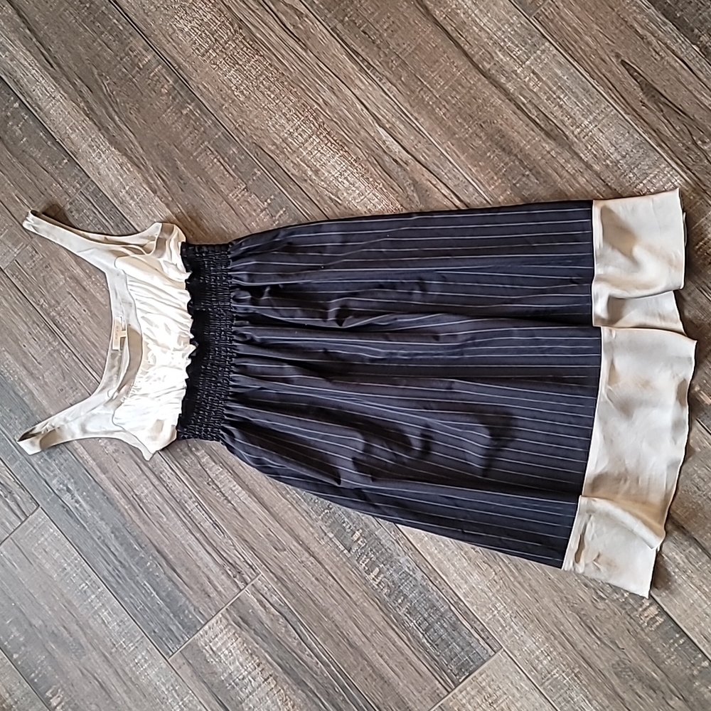 Matty M Sinch high-waisted Navy Pinstripe  Midi Dress Silk Trim Large